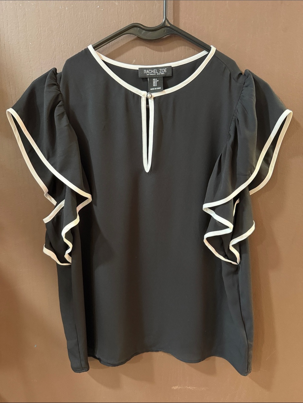 Rachel Zoe Black Blouse with Cream Trim and Ruffle Sleeves